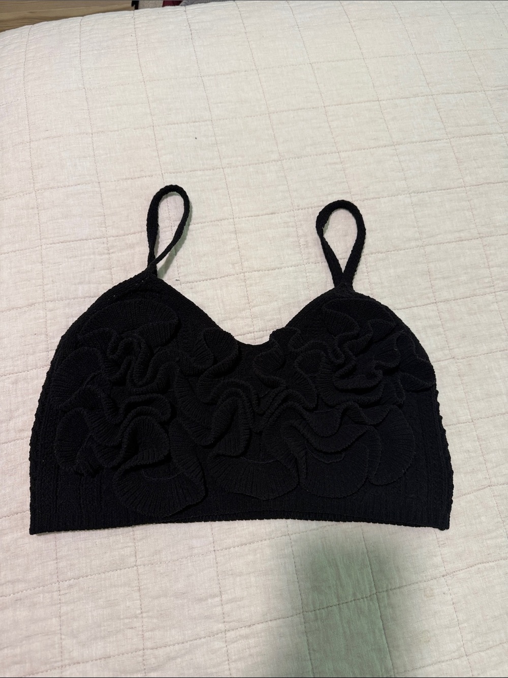Zara Black Knit Top with Ruffle Detail